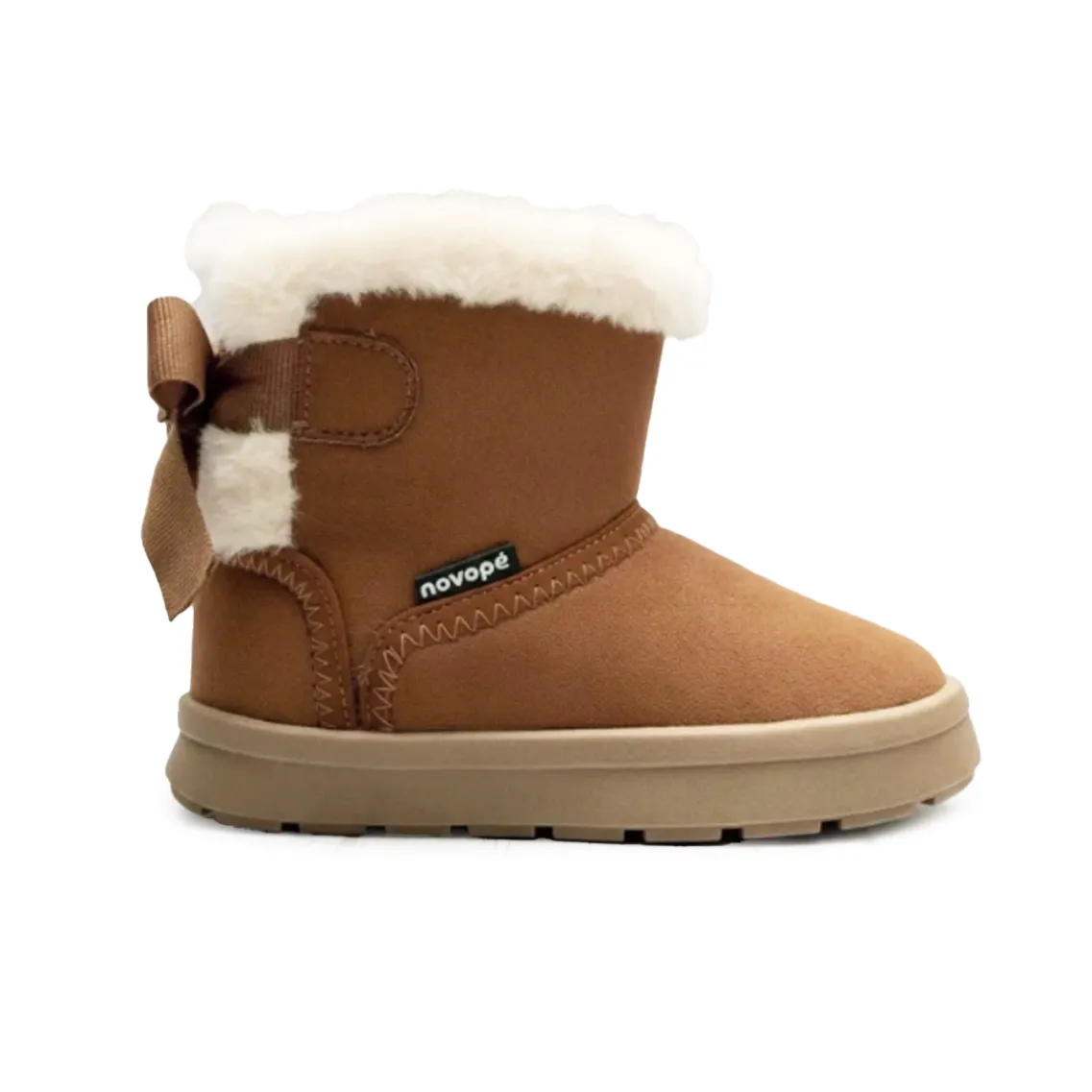 Bota infantil Novopé cano alto caramelo com forro de pelo sintético e laço decorativo na lateral